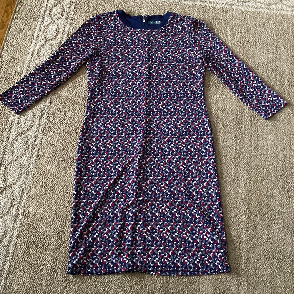 LAUREN Ralph Lauren Navy Printed Sheath Dress Medium Jersey Knit